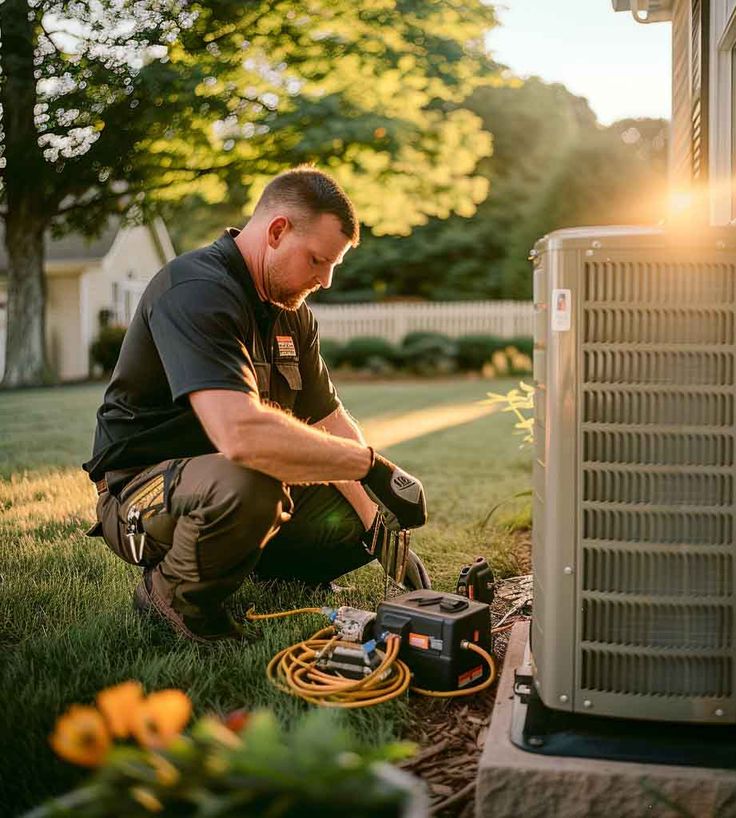 Professional HVAC technician working on outdoor unit